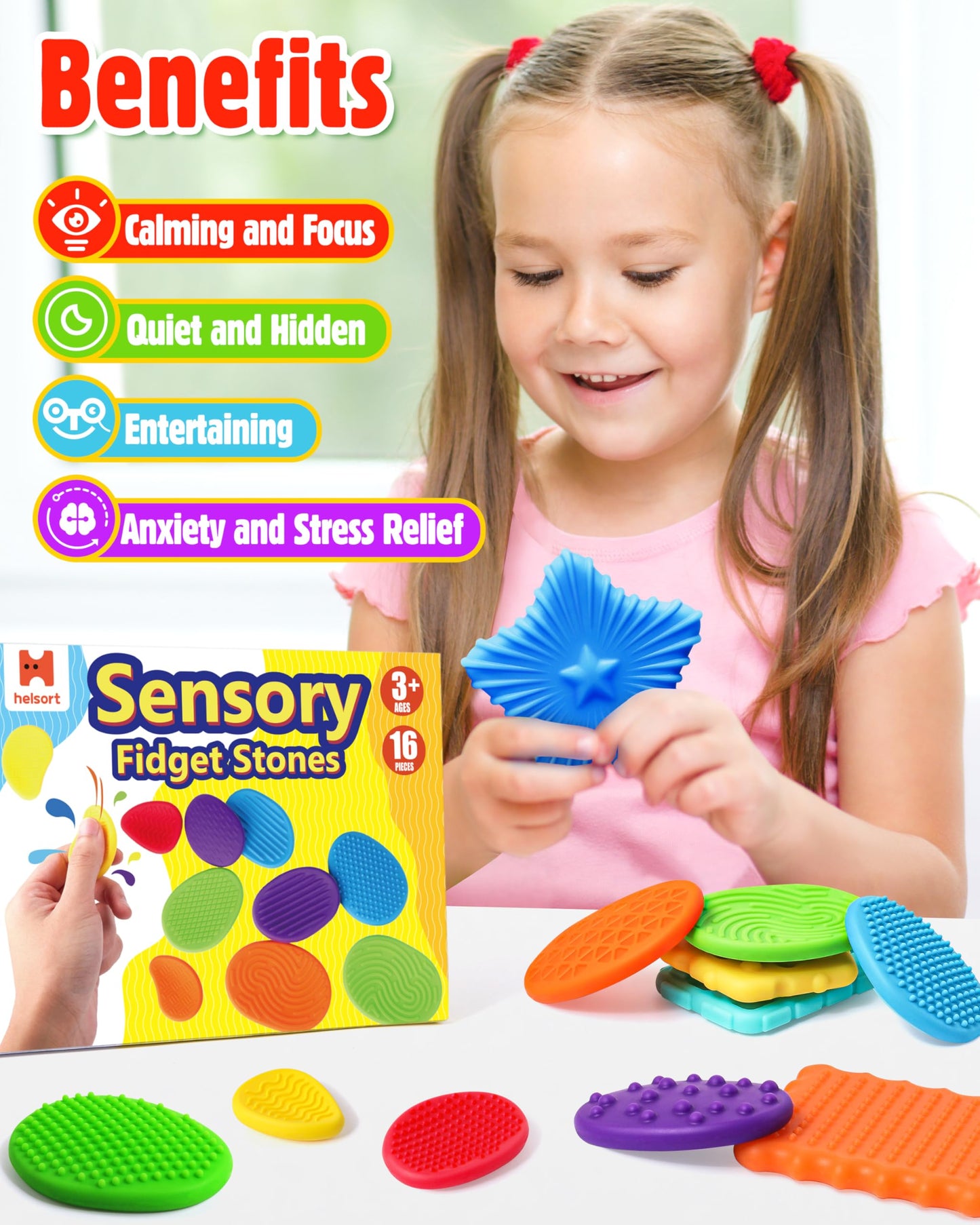 Sensory Fidget Toys For Kids Adults: 16 Pack Textured Silicone Worry Stones For Anxiety Relief, Sensory Stress Toy For Autism Ki