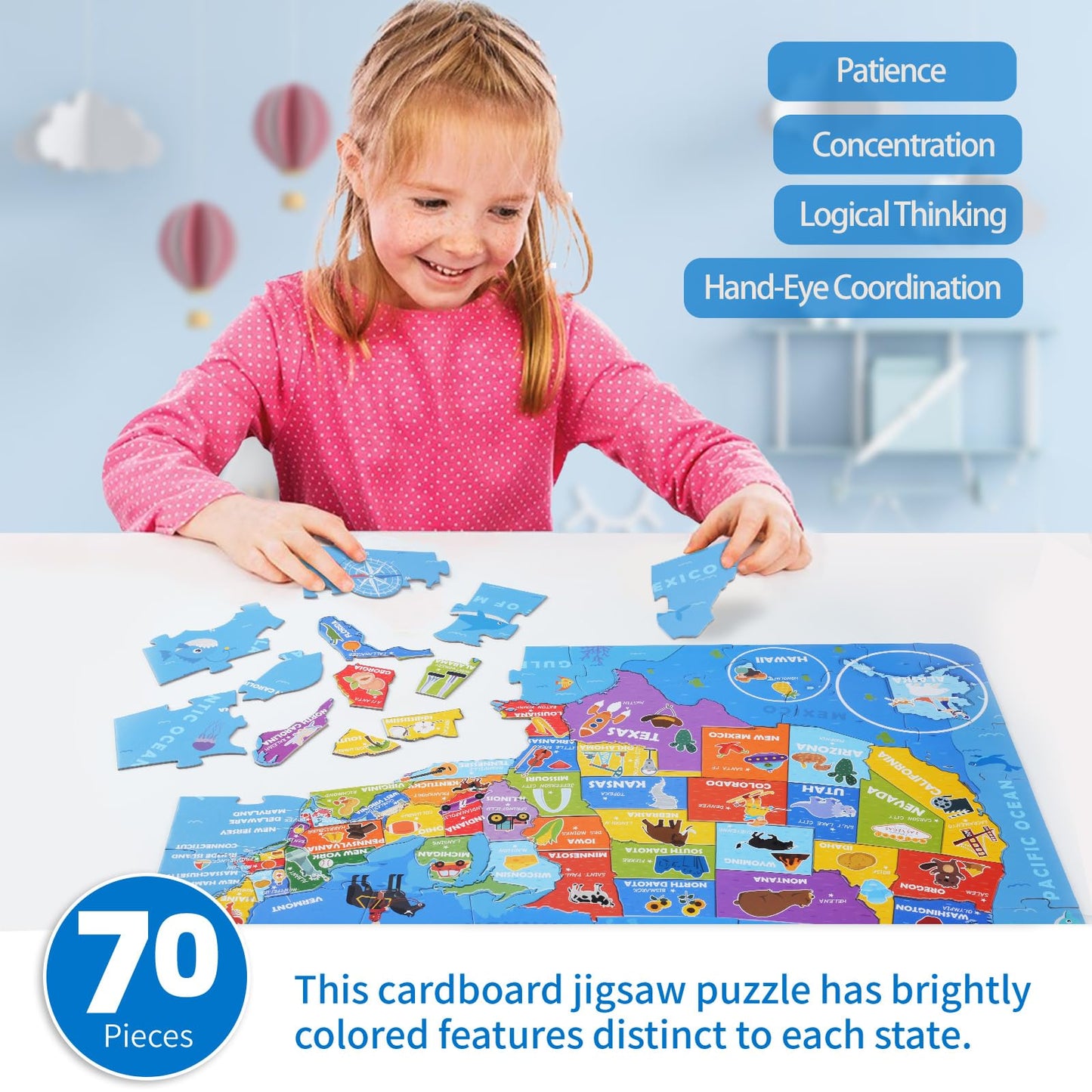 Taozi&Lizhi United States Kids Puzzles, 70 Piece Usa Map Puzzle 50 States With Capitals, Children Jigsaw Geography Puzzles Learn
