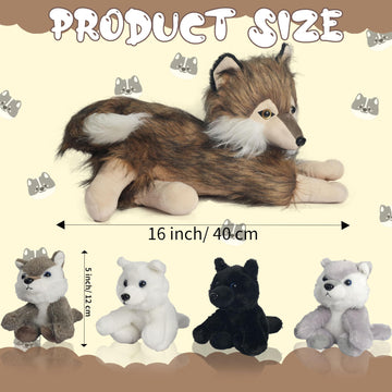 XYHQYB 5 Pcs Wolf Stuffed Animal Plush Toy Set - 16 Mommy Wolf with 4 Baby Wolves, Cute Gift for Kids, Easter and Birthday Decoration