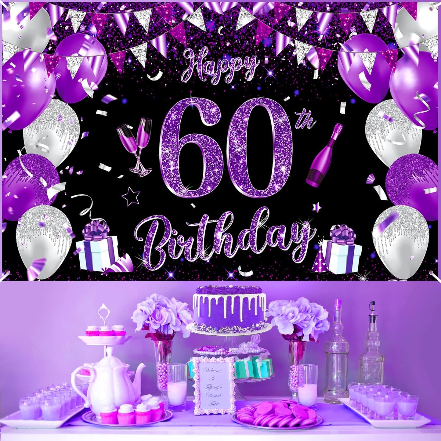 Purple 60Th Birthday Decoration Banner For Women Large Black Purple Silver Happy 60Th Birthday Banner Purple And Black 60Th Backdrop Background For 60Th Birthday Anniversary Party Supplies