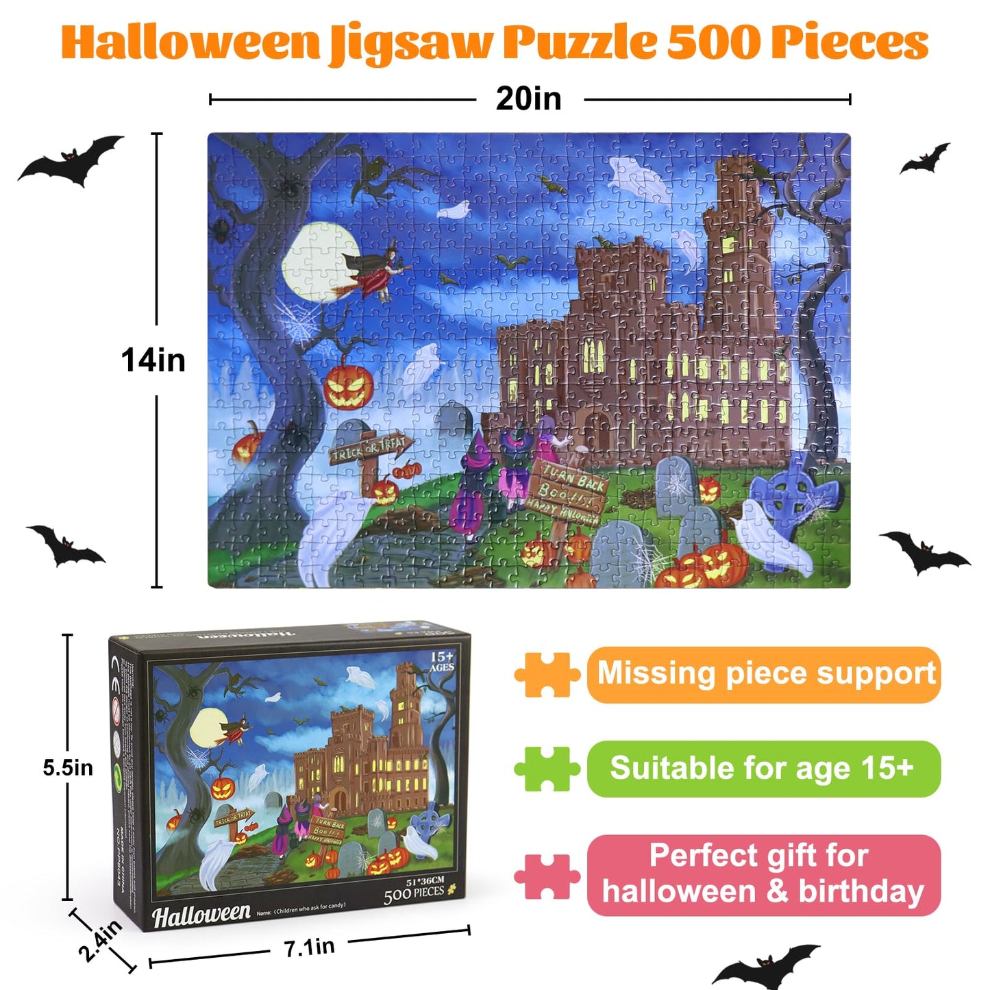 Motiloo Halloween 500 Piece Jigsaw Puzzle For Adults - Halloween Haunted Mansion Trick Or Treaters Jigsaw 14' X 20'