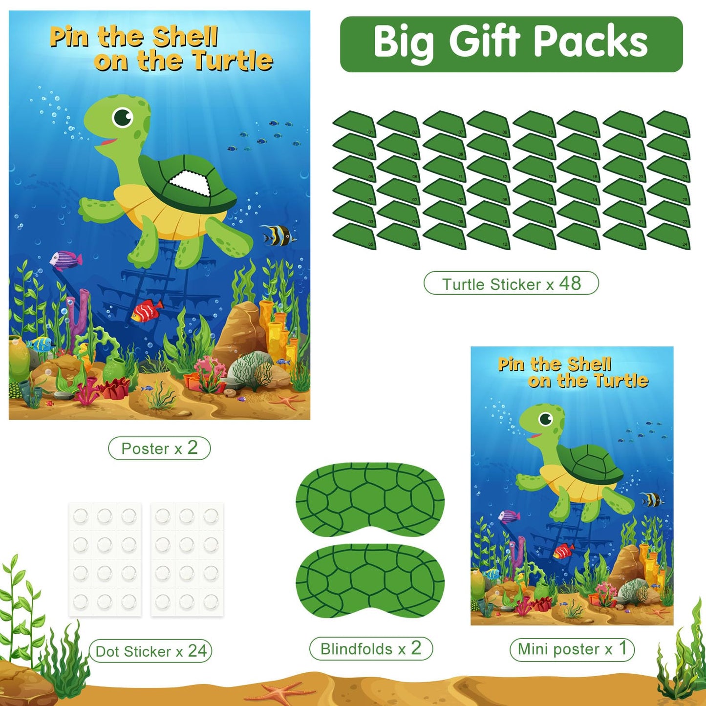 Neburora 2 Pack Pin The Shell On The Turtle Party Game 2 Large 21''X 28'' Posters With 48Pcs Stickers Ocean-Themed Birthday Part