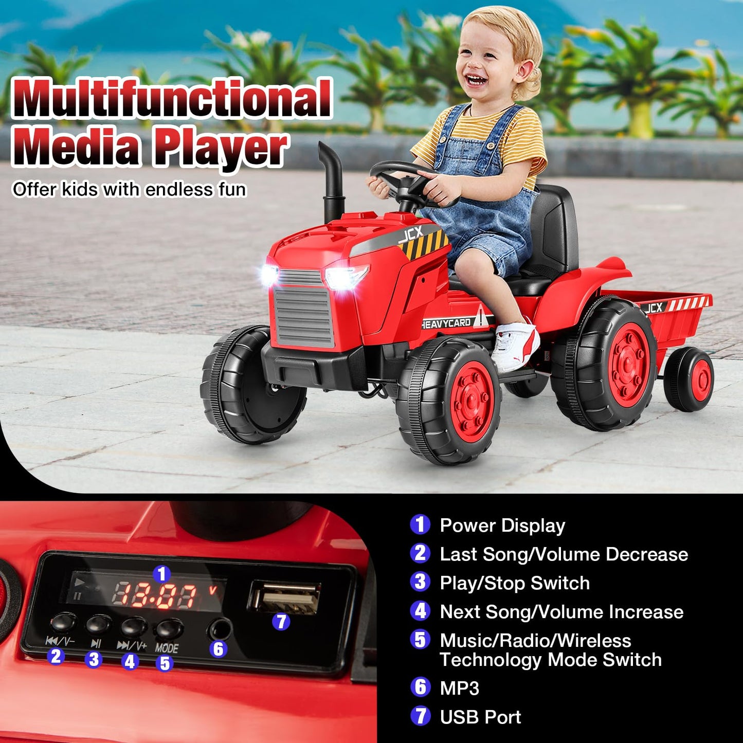 Costzon 2-In-1 Ride On Tractor, 12V Kids Ride On Car W/Detachable Trailer, Remote Control, Wireless Connection, Horn, Music/Lights/Spring Suspensions, Tractor Toys For Kids (Plastic Tires, Red)