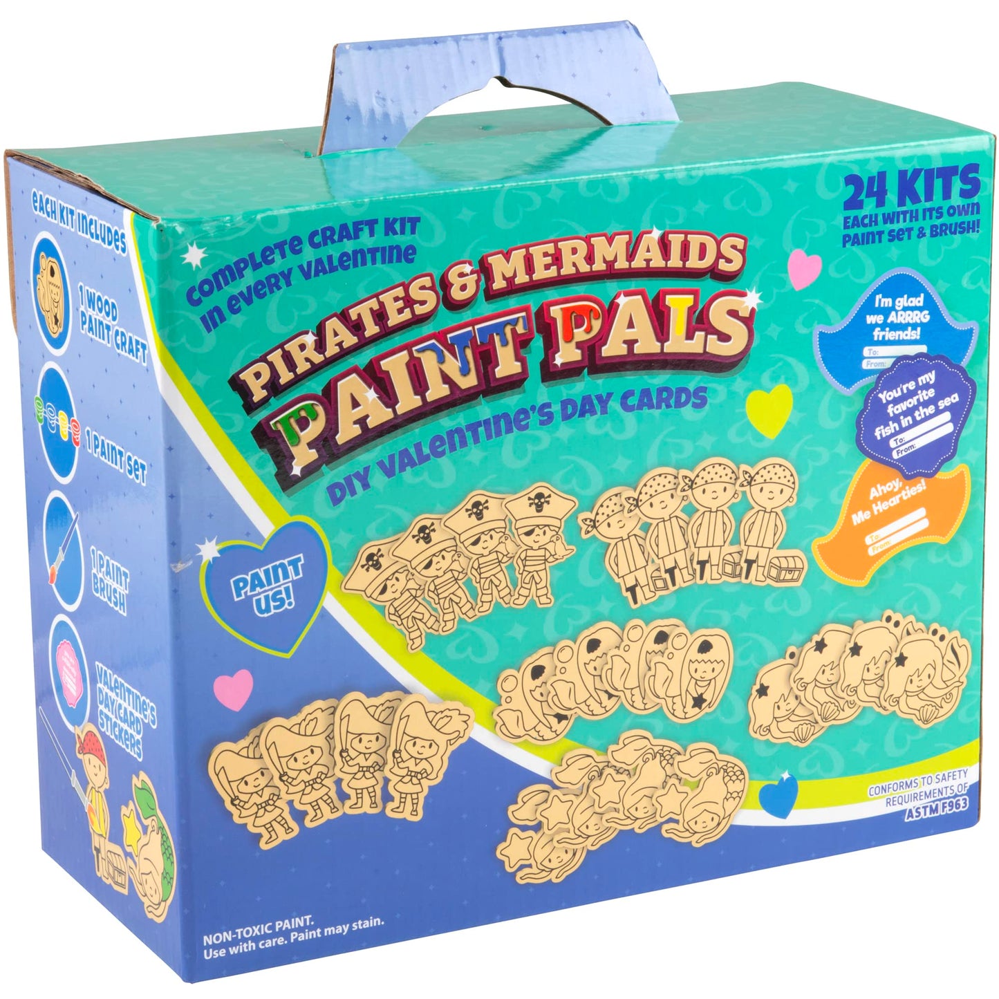 Valentines Cards For Kids Classroom -Mermaid & Pirate Wood Painting Kits (24Ct)-Great Valentine'S Day Gifts For Kids School Exchange -Each Valentine Has Craft, Paints, Brush & Sticker For Boys & Girls