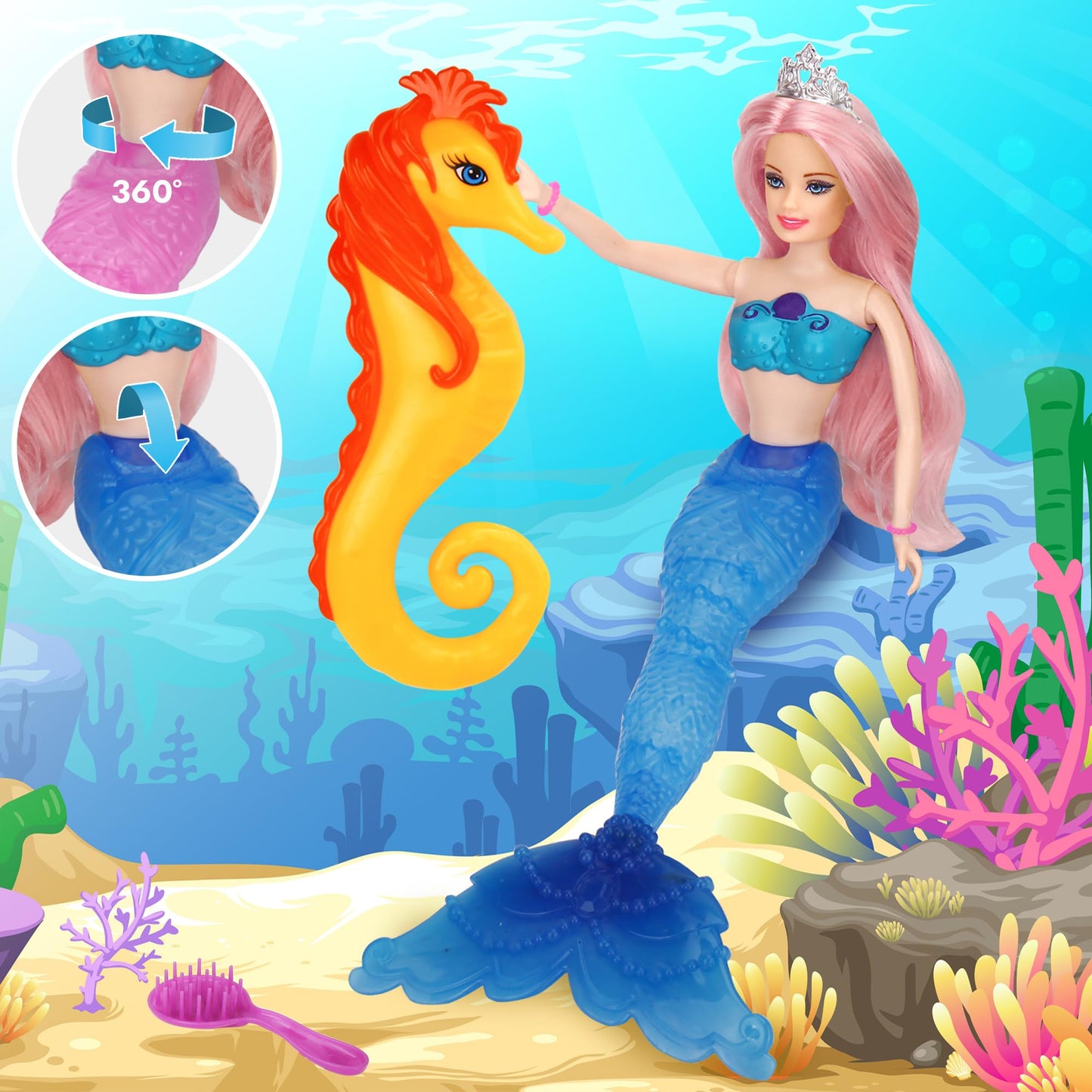 BETTINA Magic Color Changing Mermaid Doll, Princess Mermaid Toy with Seahorse & Dolls Accessories - Vibrant Pink Hair and Transf