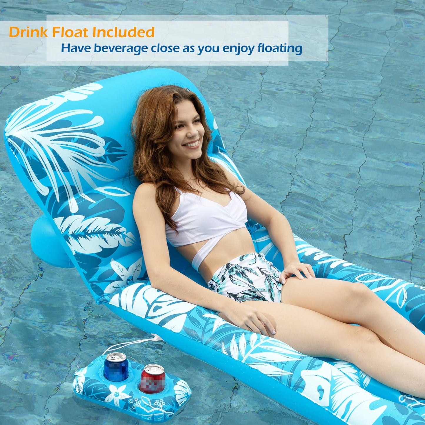 Jasonwell Inflatable Pool Float Adult - Large Blue Vinyl Lounger with Adjustable Backrest & Cup Holders, Model CPLF-190D