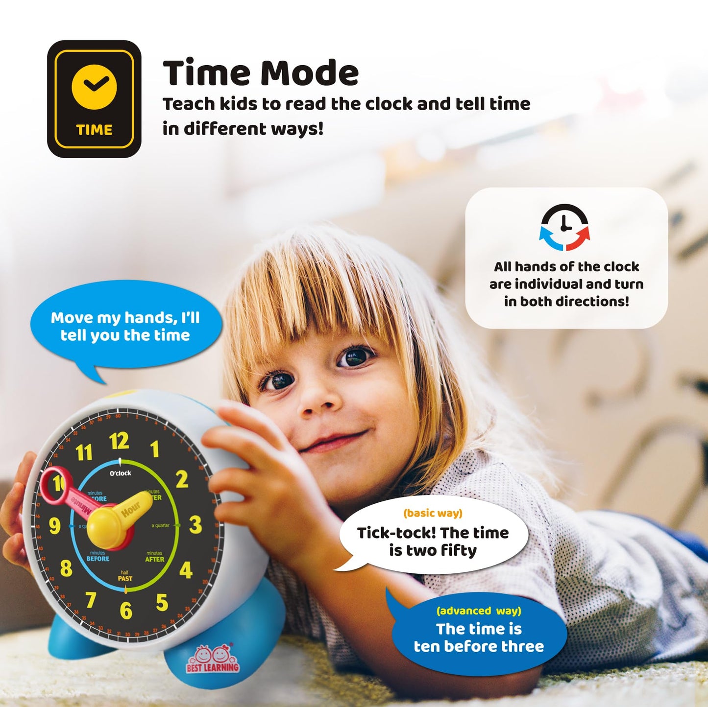BEST LEARNING Learning Clock - Educational Talking Time Toy with Quiz & Music for Kids Ages 3-6 - Perfect Birthday Gift, Multicolor