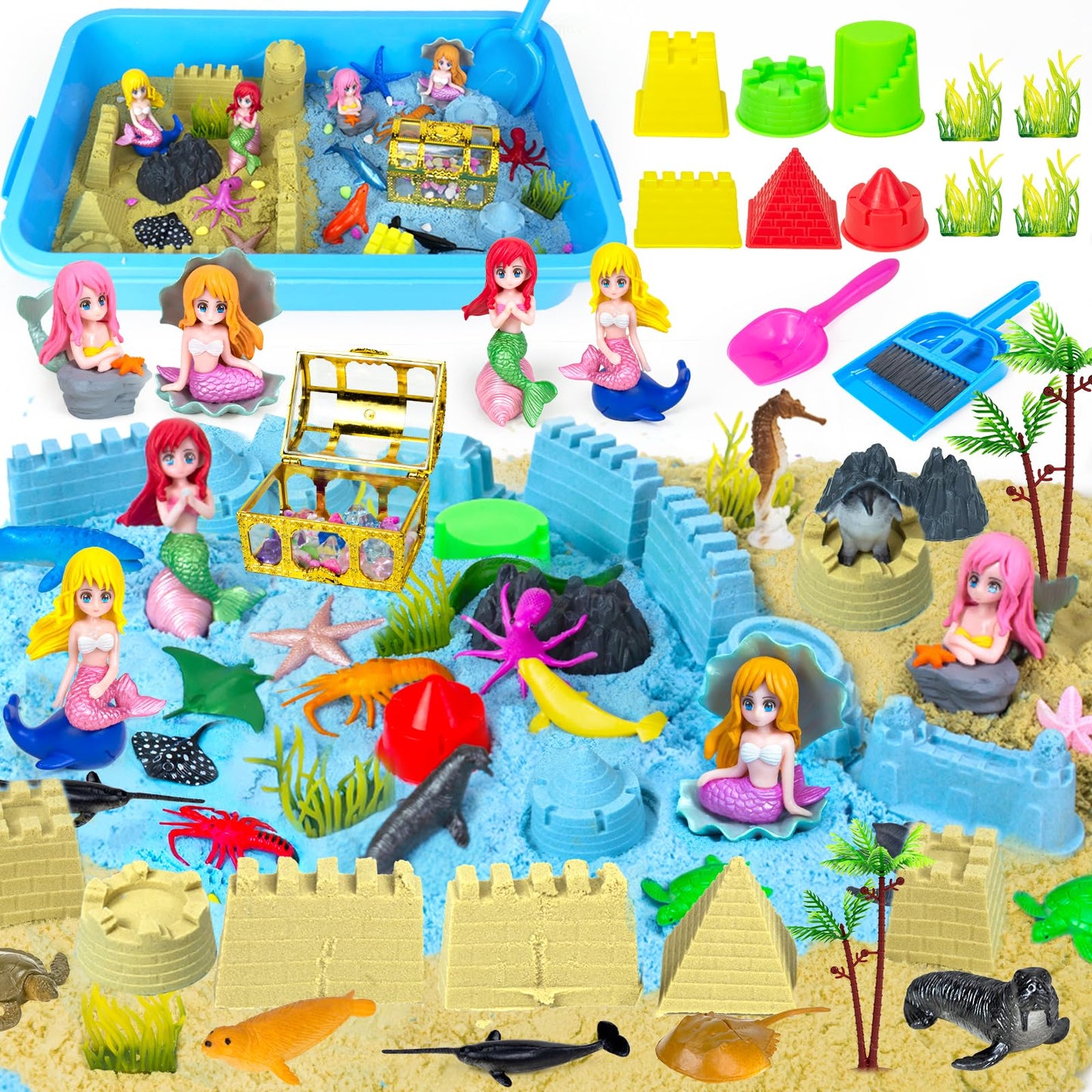 Tcvents Sensory Bins, Ocean Mermaid Sensory Bin Toys Sand Box for Kids Ages 3 4 5 6 7 8 9 Include 2.64lbs Magic Sand, 6 Castle M