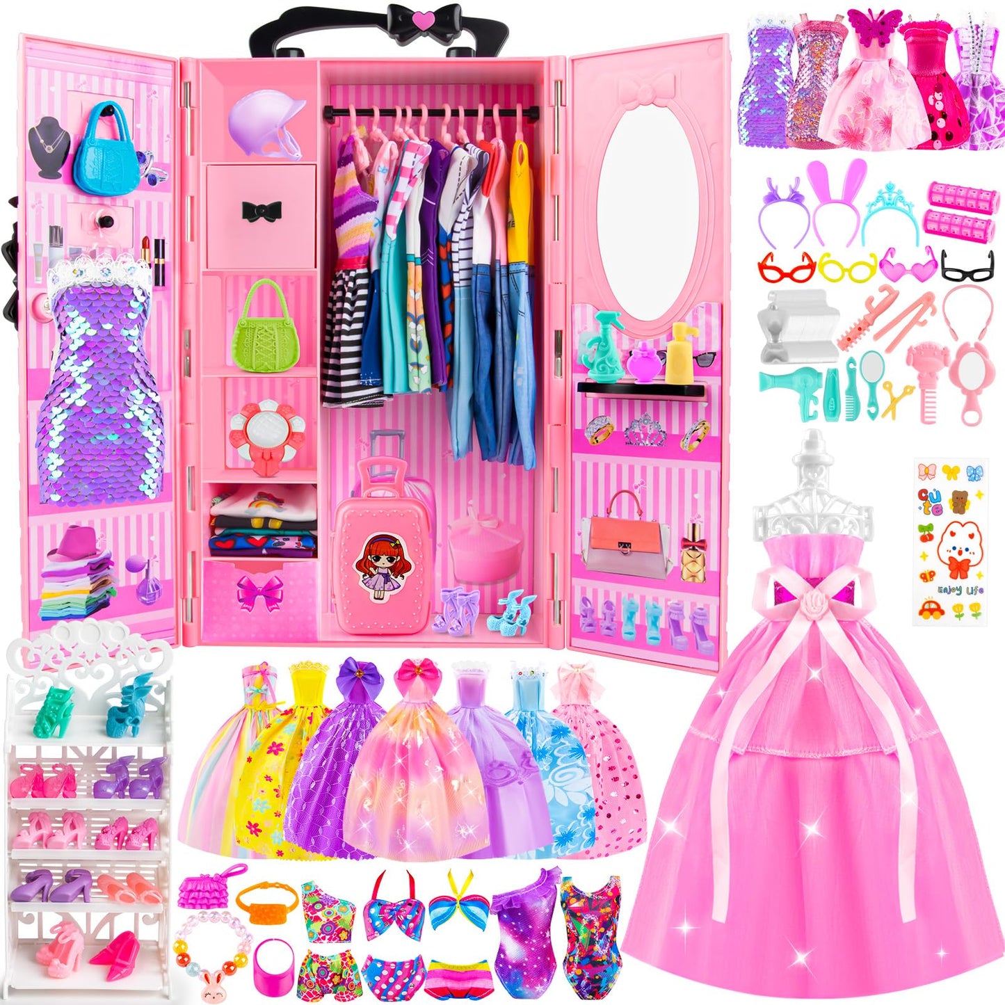 137 Pcs Doll Clothes And Accessories With Closet For 11.5 Inch Doll,Included Princess Dresses,Fashion Dresses,Casual Clothing,Sw