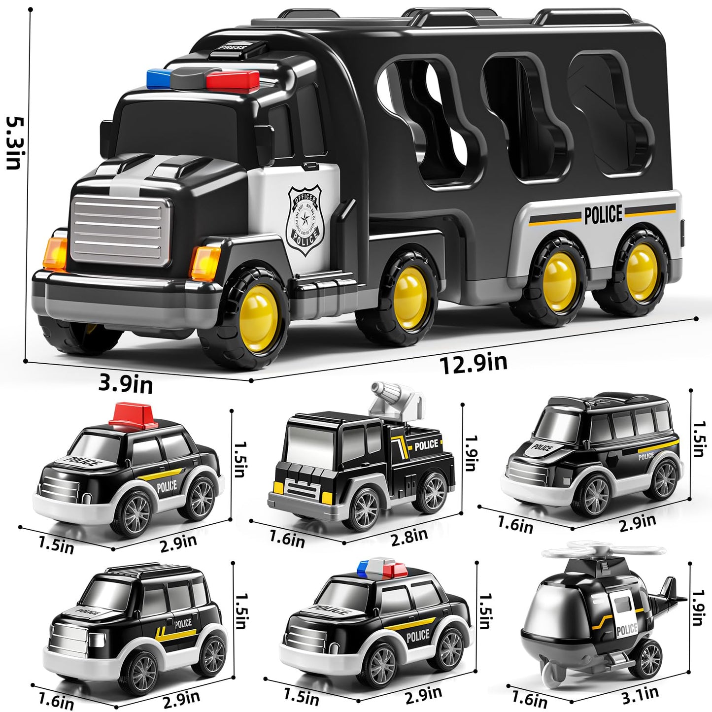 JUKUDAHU Police Truck Toy for 3 4 5 6 Years Old Boys - Carrier Vehicle Toy Set with 5 Toy Cars and 1 Helicopter, Kids Firction P