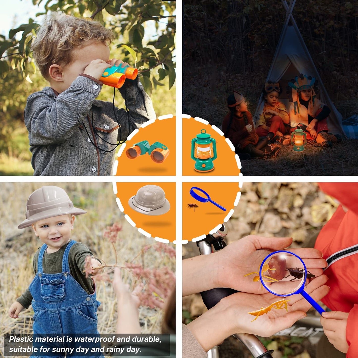 MITCIEN Camping Toys for Kids, Pretend Campfire, Lantern, Safari Hat, Binoculars, Bottle, Toy Food, S'Mores, Toddler Camping Pla