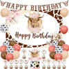 JOYMEMO Boho Highland Cow Birthday Decorations Girl, Pink Brown Cow Balloons Party Decor with Happy Birthday Highland Cow Backdr