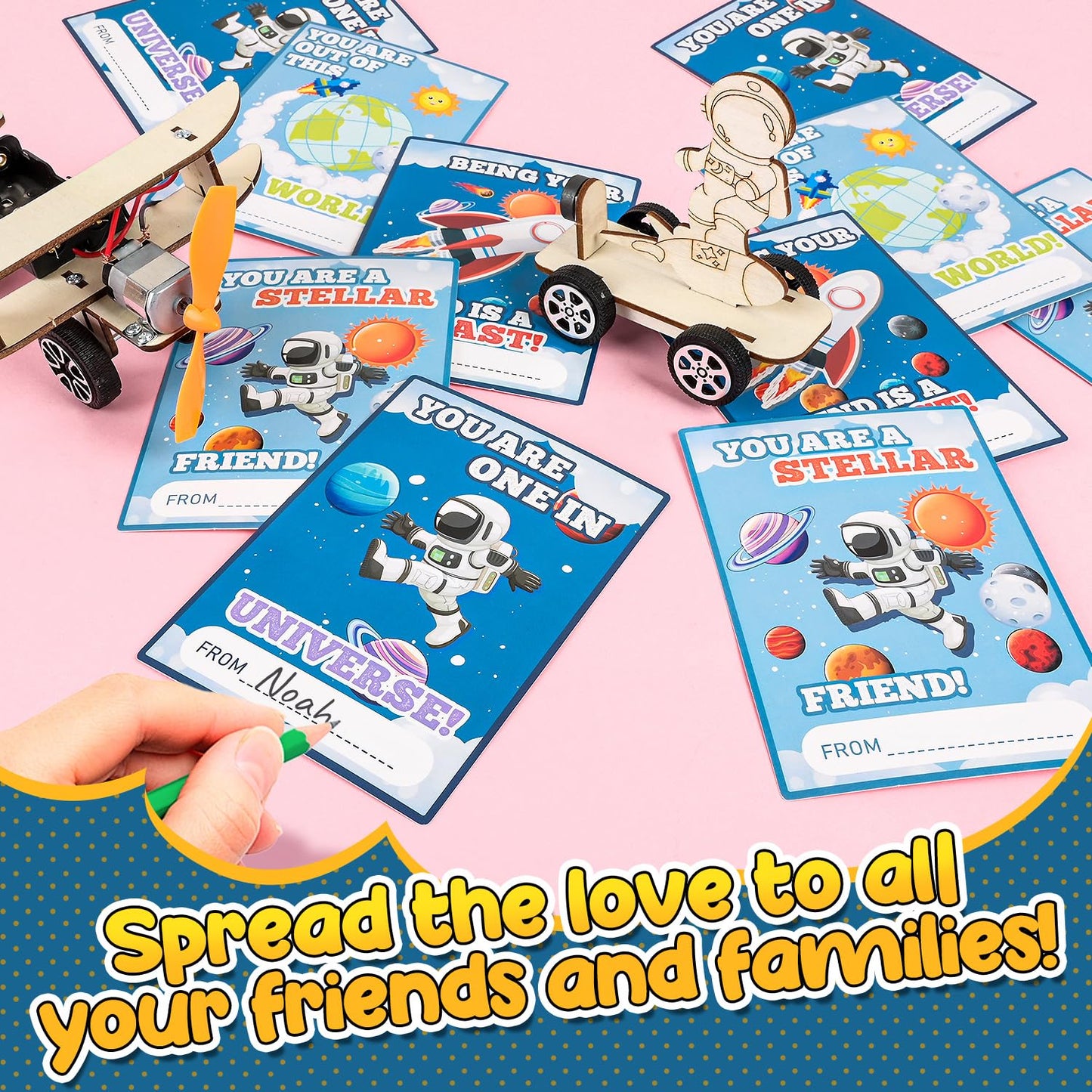 Movinpe Valentines Day Gifts For Kids Classroom School - 24 Sets Stem Kits With Valentines Cards, Wood Craft Science Kit Valenti