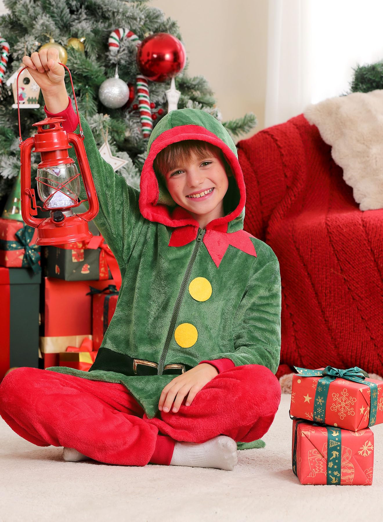 Iimmer Christmas Kids Warm Party Elf Pullove Jumpsuit Santa'S Helper Hodded Ugly Onesie Red And Green 8 Years