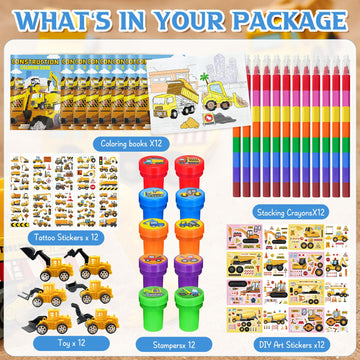 72 Pcs Construction Coloring Book with Crayons Bulk,Truck Car Party Favors Goodie Bags Fillers,Tractor Birthday Party Supplies F