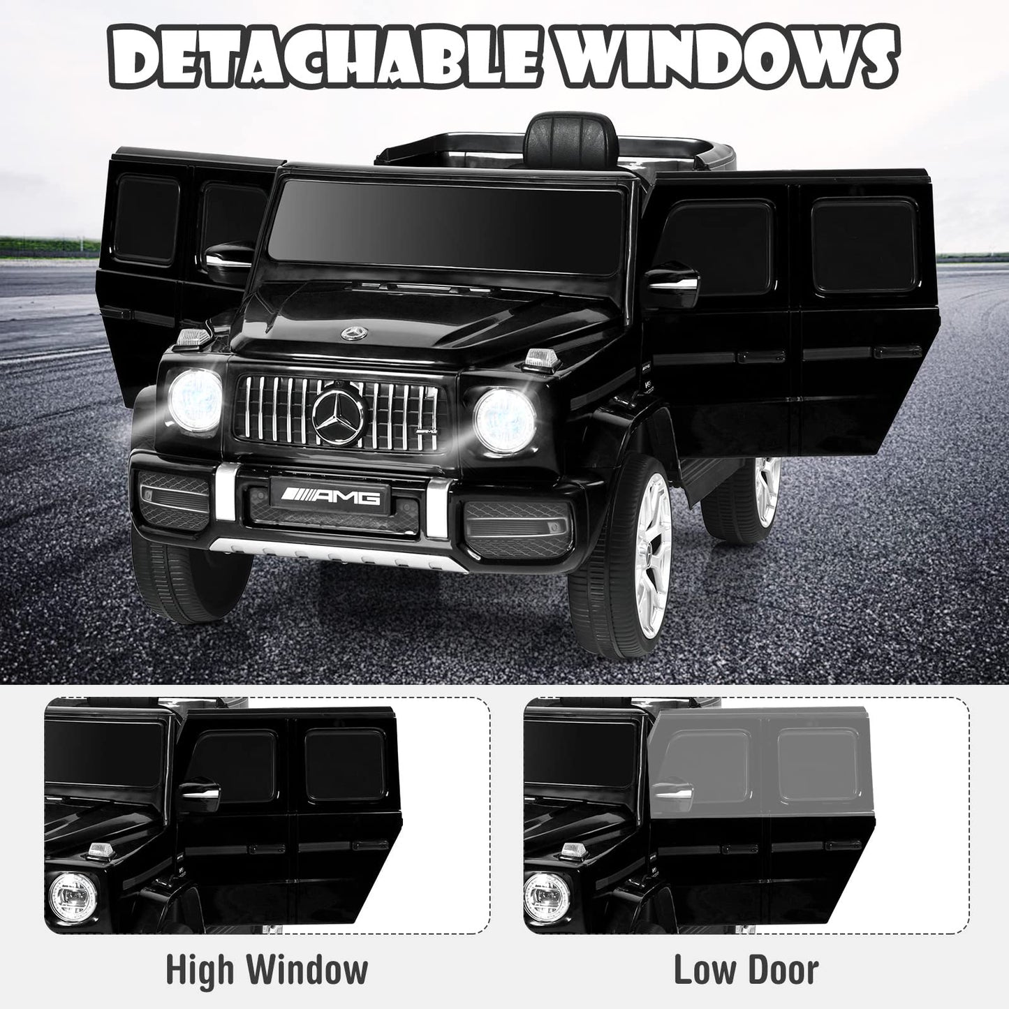 Olakids 12V Kids Ride On Car, Licensed Mercedes Benz G63 Electric Vehicle With Remote Control, Double Open Doors, Music, Bluetooth, 2 Speeds, Wheels Suspension, Battery Powered Driving Toy (Black)