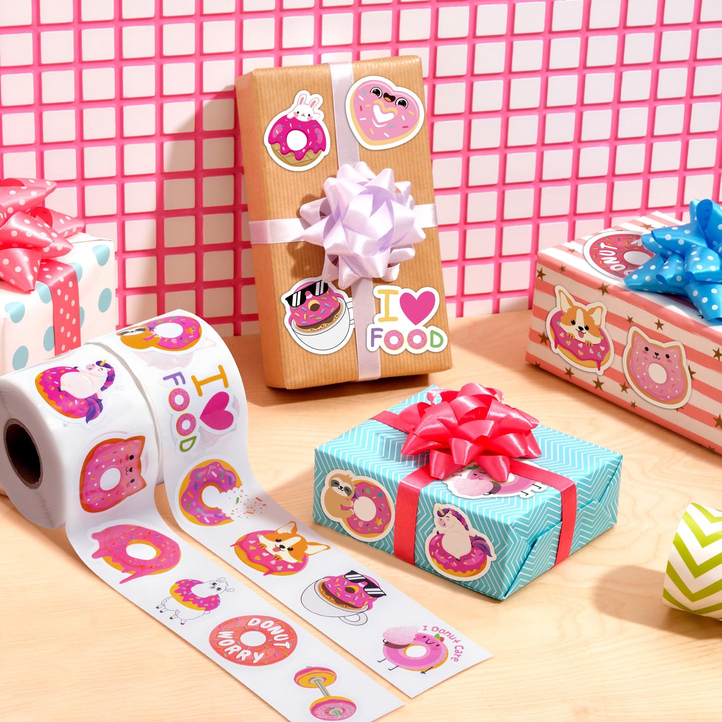 Beyumi Pink Donut Sticker Roll - 1000Pcs Donut Stickers In 2 Rolls Waterproof Vinyl Sweets Themed Cute Snack Dessert Decals For Gift Laptop Bottle Scrapbooking Luggage Computer Envelope Decor For Kids