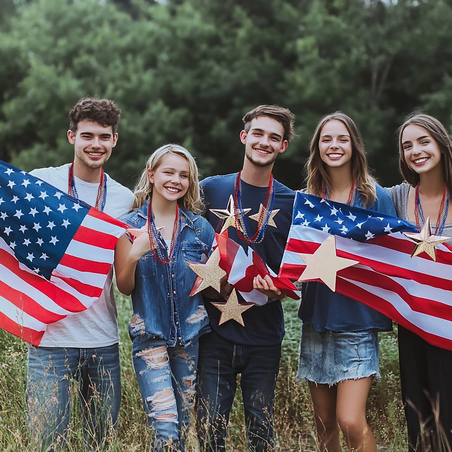 HOOSUN 4th of July Beaded Necklace,30 Pcs Patriotic Star Bead Necklaces Red Silver and Blue Accessories,Fourth of July Beads for