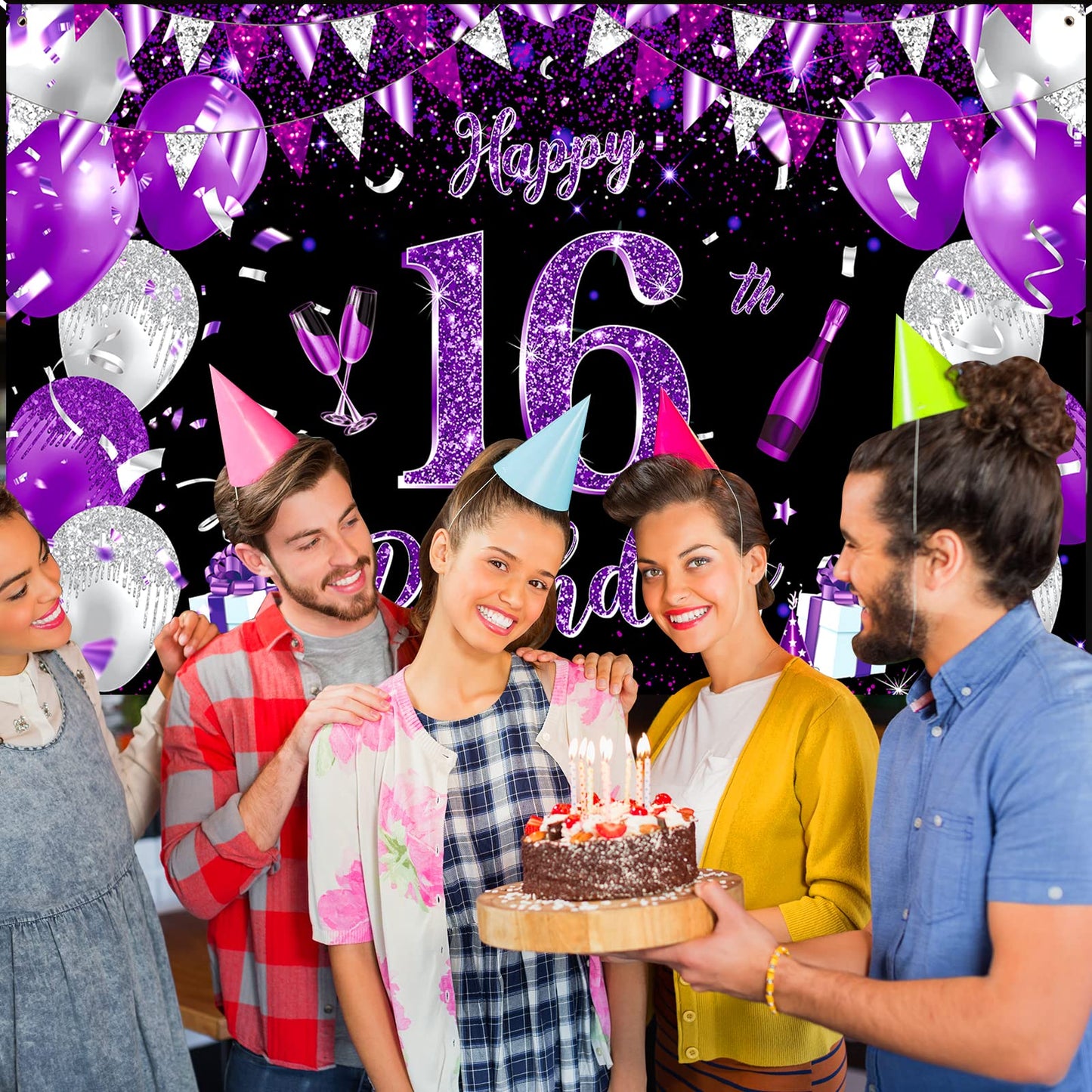 Purple 16Th Birthday Decoration Banner For Girls Large Black Purple Silver Happy 16Th Birthday Banner Purple And Black 16Th Background For 16Th Birthday Anniversary Party Supplies