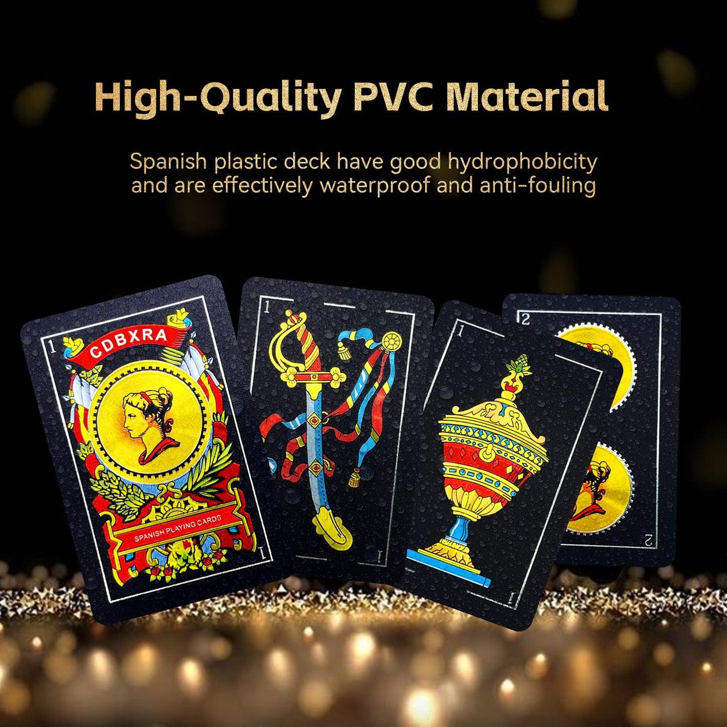 CDBXRA Spanish Playing Cards - Luxury Black-Gold Foil, Waterproof PVC - Original Briscas Cards from Puerto Rico, Mexican Deck (1 Pack)