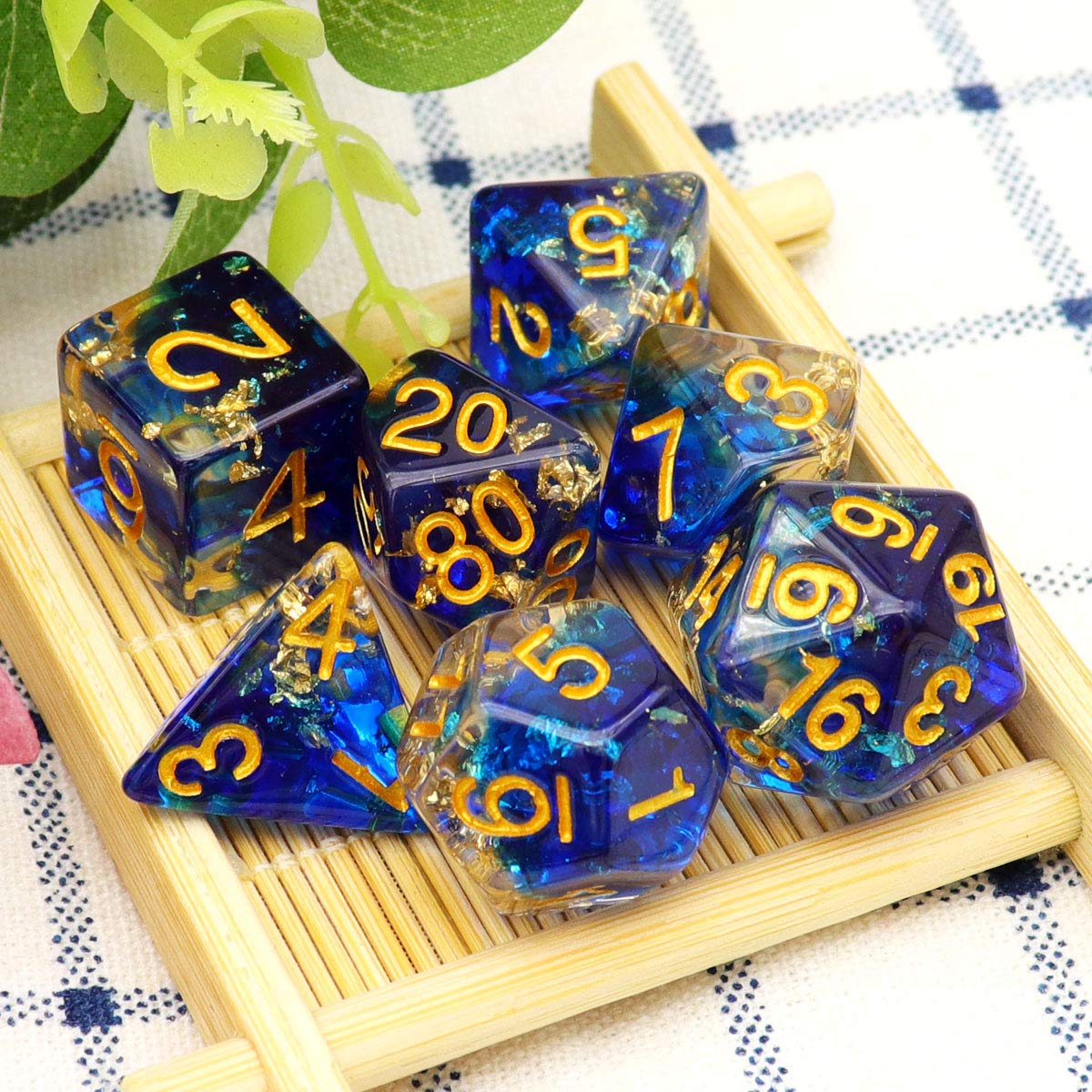 Haxtec DND Dice Set 7PCS Polyhedral Dice for Roleplaying Dice Games as Dungeons and Dragons-Blue Clear Gold Foil