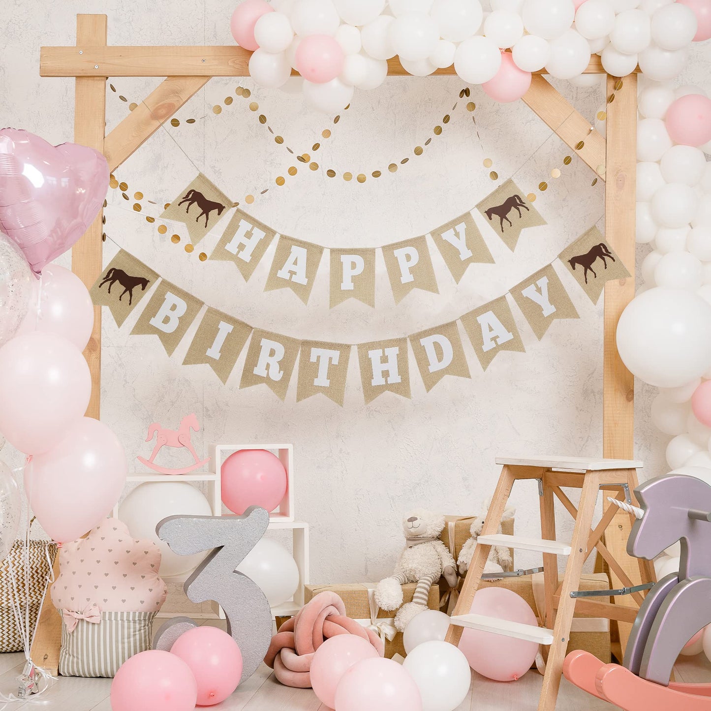 Horse Birthday Decorations - Happy Birthday Burlap Banner - Felt Horse Garland And Pennant Banner - Horse Party Supplies