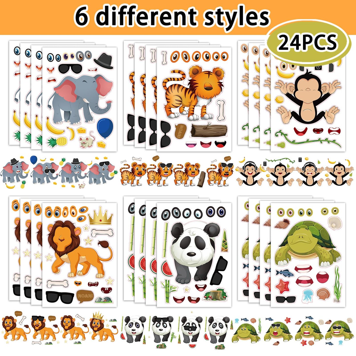 24 Sheets 8.3'' 5.9'' Make Your Own Zoo Animal Stickers For Toddlers Kids Party Favors, Make A Face Stickers For Kids Activitie