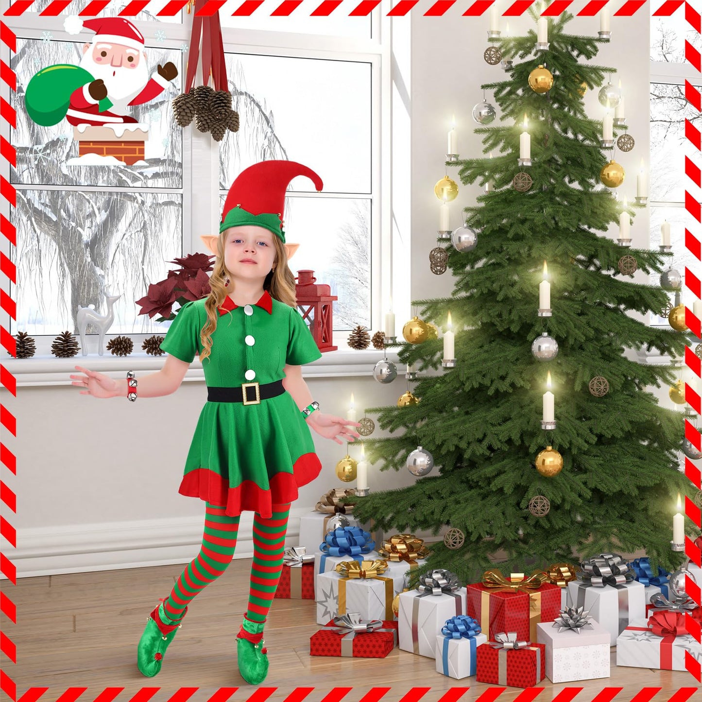 Shinymoon 7 Pcs Christmas Elf Costume Set Velvet Dress Ears Hat Shoes Bell Bracelet Xmas Outfit For Girl Cosplay Party (Large)