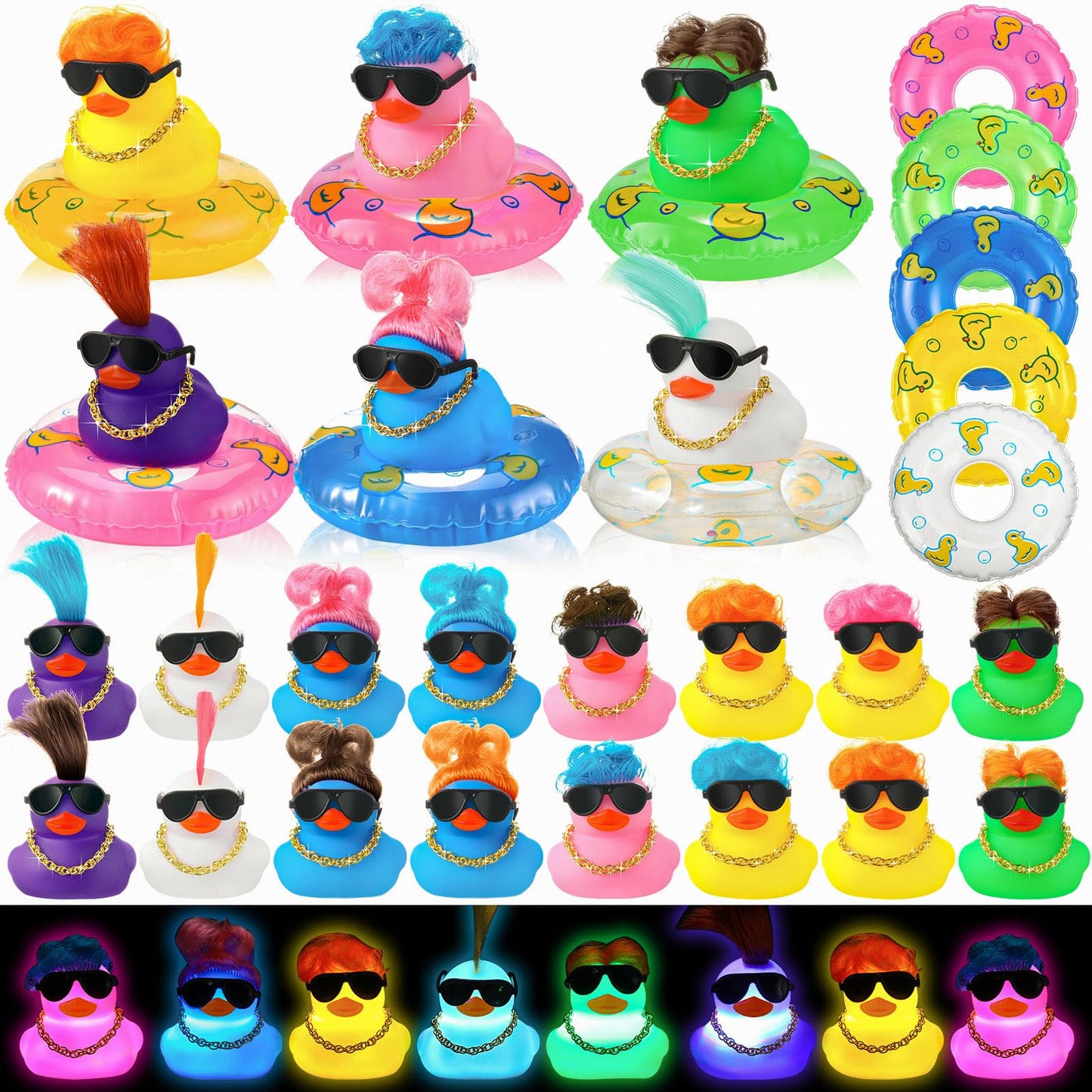 Hydren 24 Pcs Light Up Rubber Ducks Bulk Small Cute Ducks Operation Christmas Bath With Wig Up Funny Shower Ducks For Boys Girls