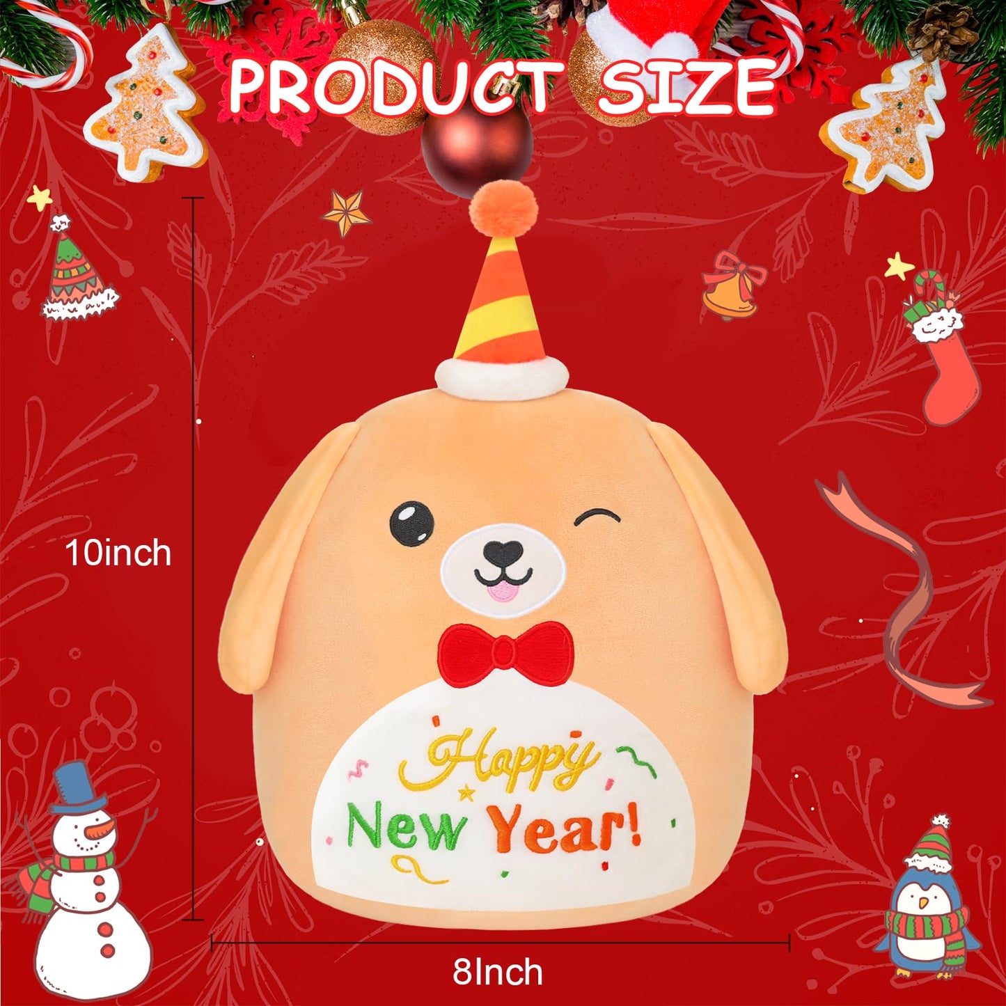 Sqeqe Dog Plush Dog Stuffed Animal Toy Happy New Year Puppy Plushies Kawaii Plushie Doll Gifts For Kids New Year Christmas Party Decoration 10 Inch