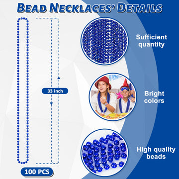 100PCS Bead Necklace, Blue Bead Necklaces Stuff Bulk, 33'' Christmas Bead Necklaces Party Supplies, Festival Parade Throw Access