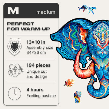 Unidragon Wooden Jigsaw Puzzles - Eternal Elephant, 194 Pcs, Medium 13'X10', Beautiful Gift Package, Unique Shape Best Gift For Adults And Kids