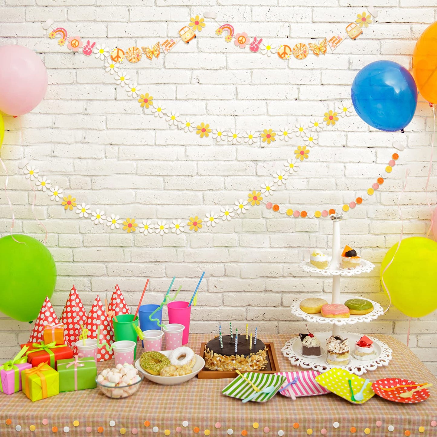 Tegeme 4 Pcs Groovy Party Decorations Garland Felt Ball Hippie Banner and Daisy Boho Garland Set with 6.5 ft Pom Pom Banner Spri
