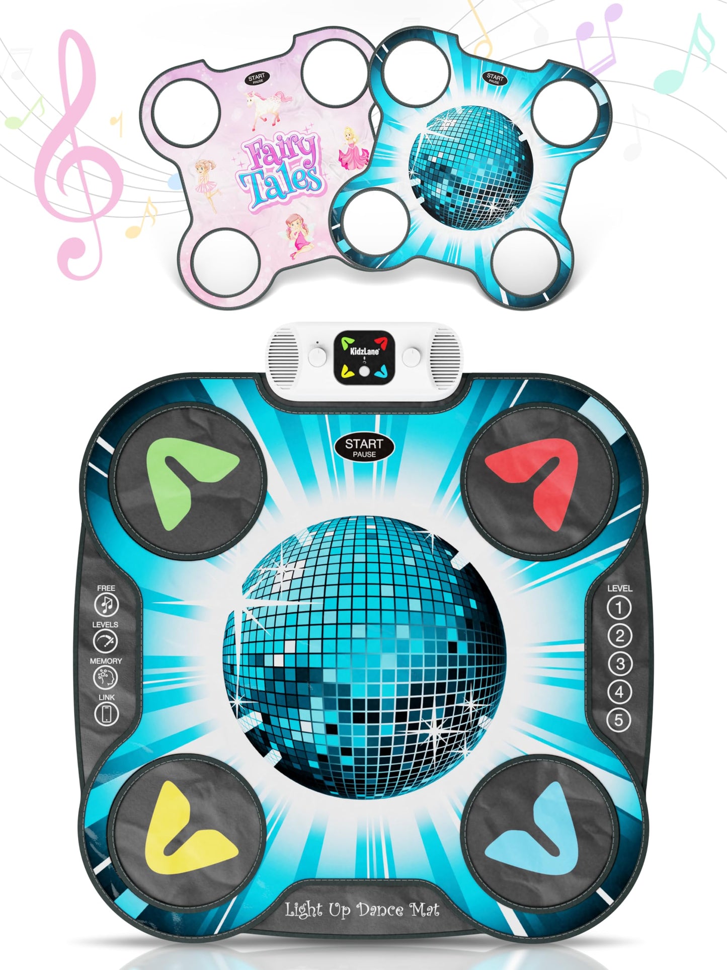 Kidzlane Light Up Dj Dance Mat For Kids - Bluetooth & Aux Compatible - 3 Fun Arcade Games With 5 Difficulty Levels - Detachable Discoball & Fairytail - Adjustable Volume - Ages 6+