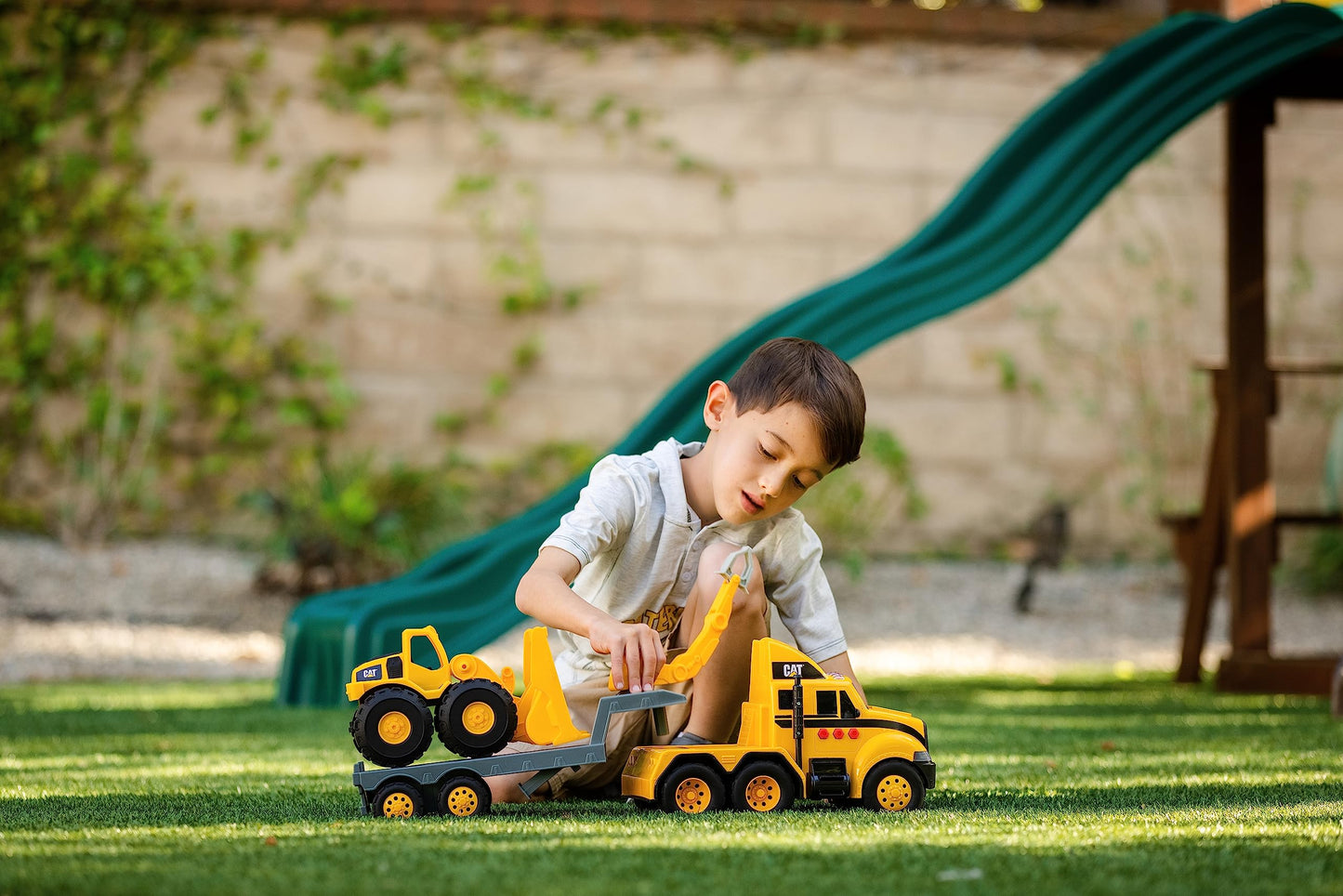 CatToysOfficial, CAT Construction Heavy Mover, Semi Truck and Trailer with Mini Crew Wheel Loader, Lights and Sounds, Ages 3 and