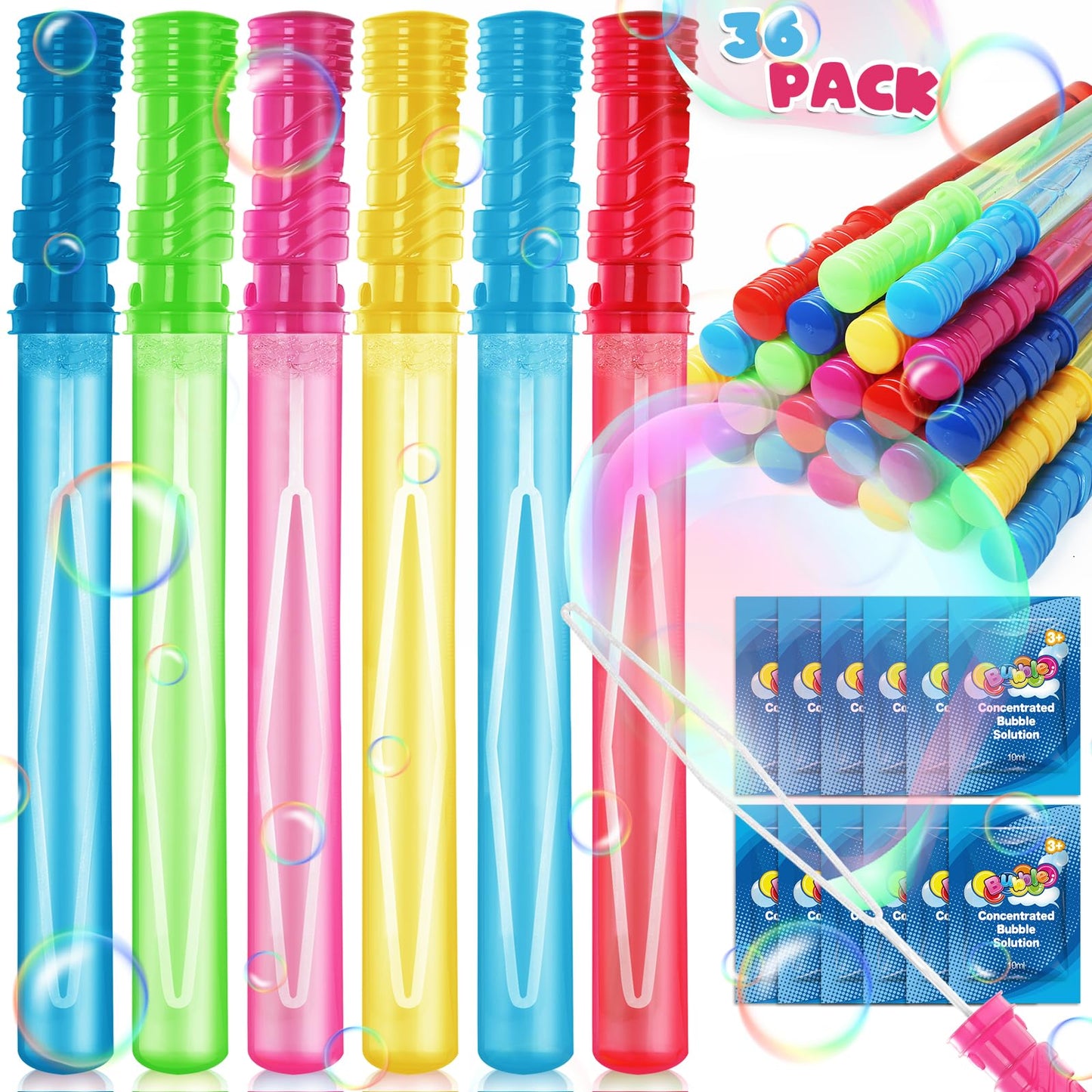 36 Pack 15'' Bubble Wands In 6 Colors, Big Bubble Wands With 36 Bubble Refill Solutions, Bubbles Party Favors For Easter, Birthd