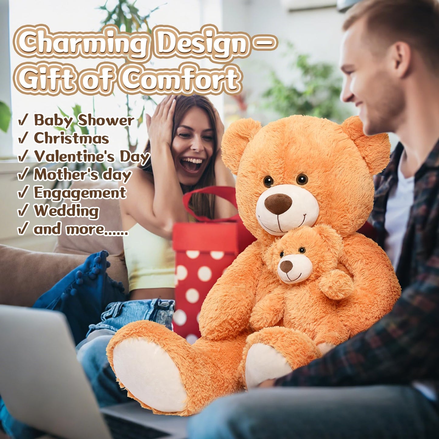 MorisMos Mom and Baby Giant Teddy Bear, 39inch Large Teddy Bears Stuffed Animal Plush for Baby Shower, Orange