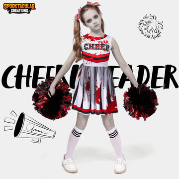 Spooktacular Creations Halloween Cheerleader Costume For Girls, Kids Zombie Cheerleader Outfit, Dead Fearleader Dress For Halloween Scary Costume Role Play Parties, Red White, L