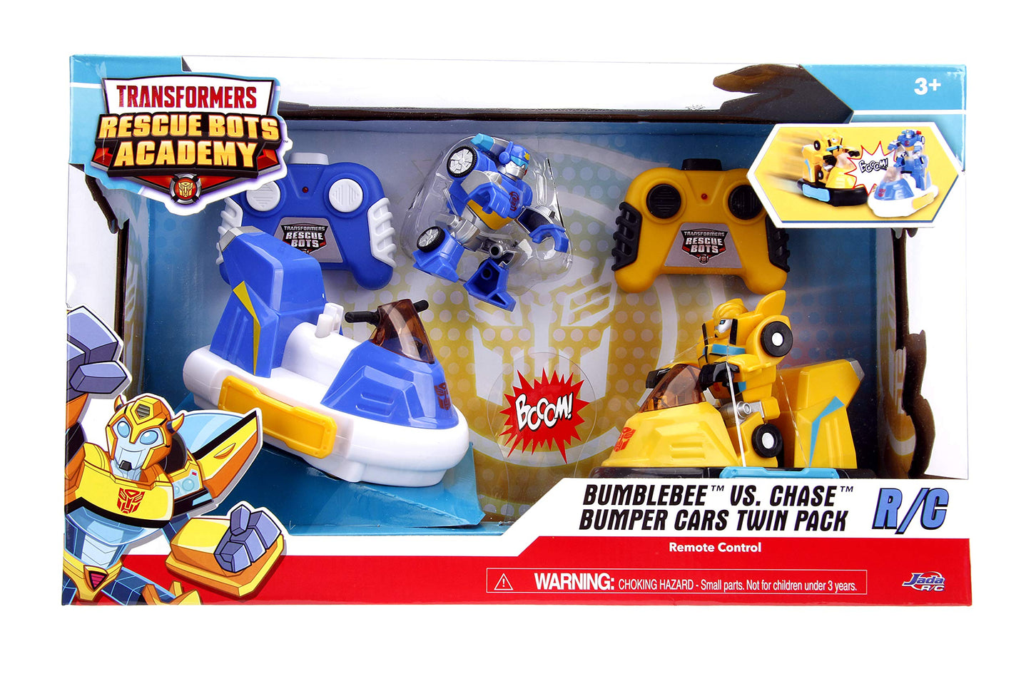 Jada Toys Transformers Rescue Bots Academy Bumblebee Vs. Chase Bumper Cars Rc Twin Pack, Toys For Kids, Blue And Yellow