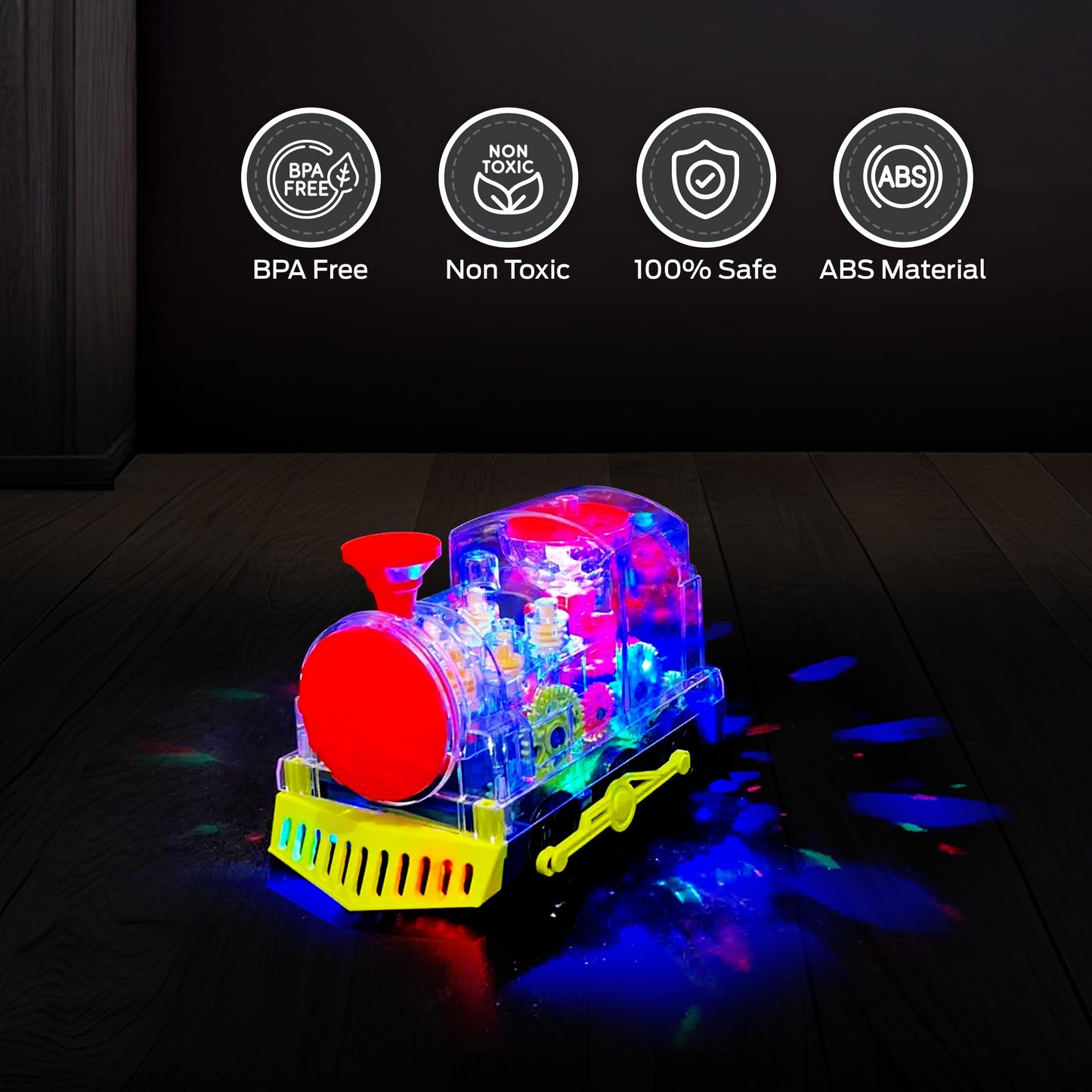 Tooty Toy Music Train Toy With Led Light Up For Kids - Colorful Moving Transparent Gears For Toddlers -Tummy Time Crawling Baby Toys -Ideal Gift For Boys Girls