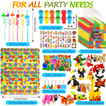 LiYiQ 134 Pcs Building Blocks Party Favors with Reusable Drinking Straws Animal Building Blocks Slap Bracelets Keychains Stamps