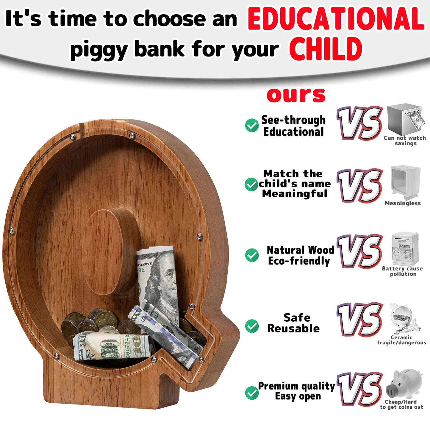 Ladenk 12 Inch Extra Large Wooden Kids Letter Piggy Bank - Piggy Bank For Boys Girls - Initial Q Bank - Alphabet Money Bank For