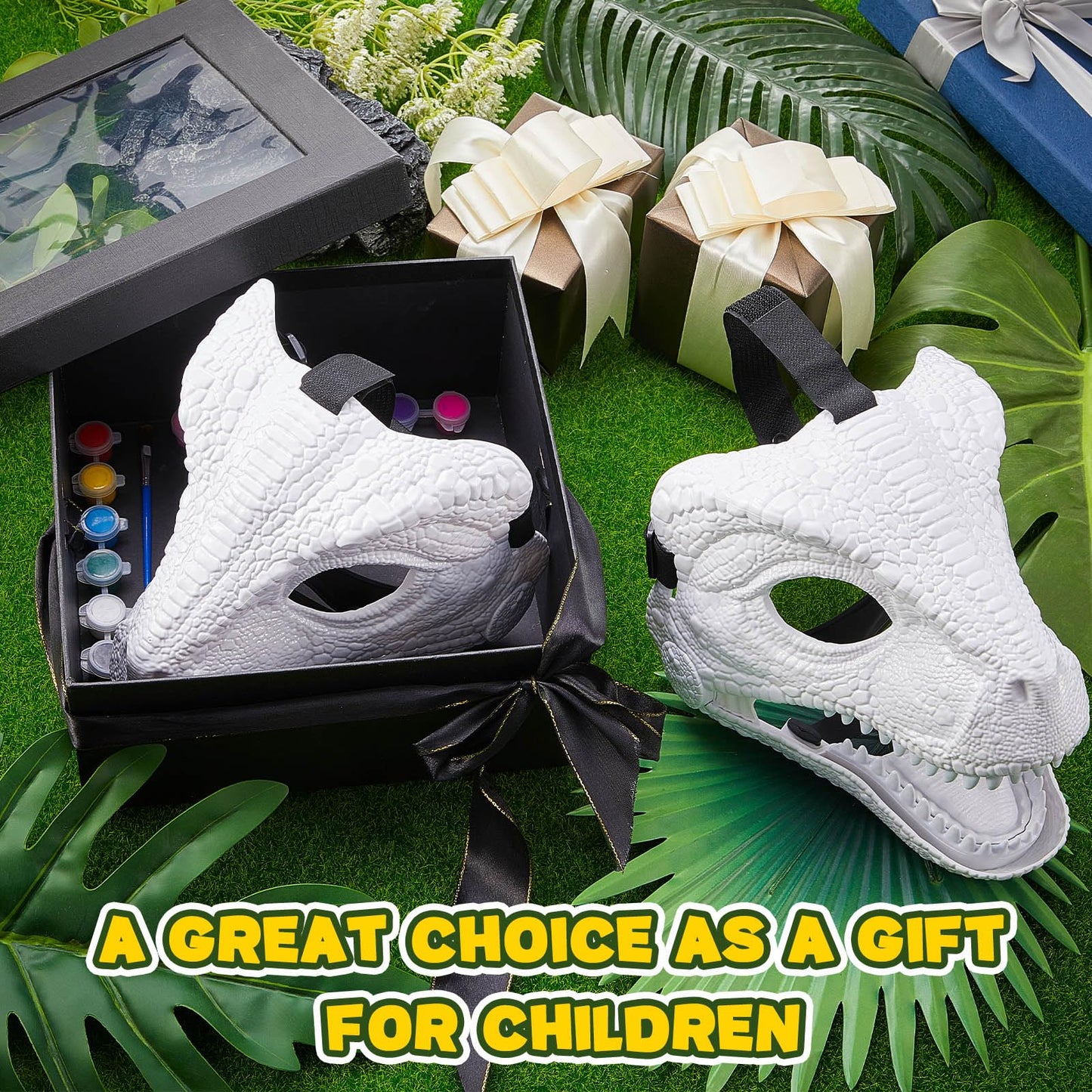 Seenelling 2 Pcs Hard Plastic Dinosaur Mask with Paints Blank DIY Dino Mask for Christmas Halloween Mask Costume Gift