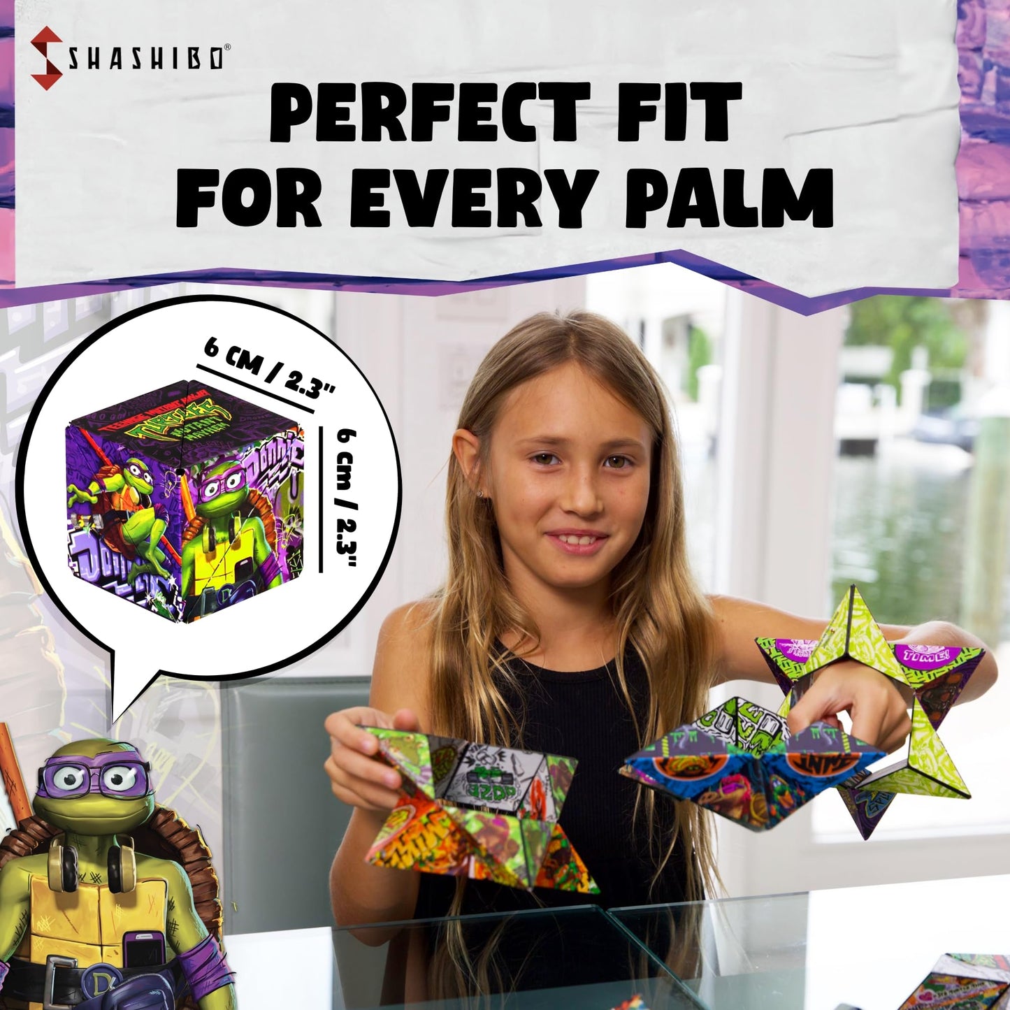 Shashibo Teenage Mutant Ninja Turtles Shape Shifting Box - Award-Winning, Patented Magnetic Puzzle Cube W/36 Rare Earth Magnets - Fidget Cube Transforms Into Over 70 Shapes (Donnie Series 2)