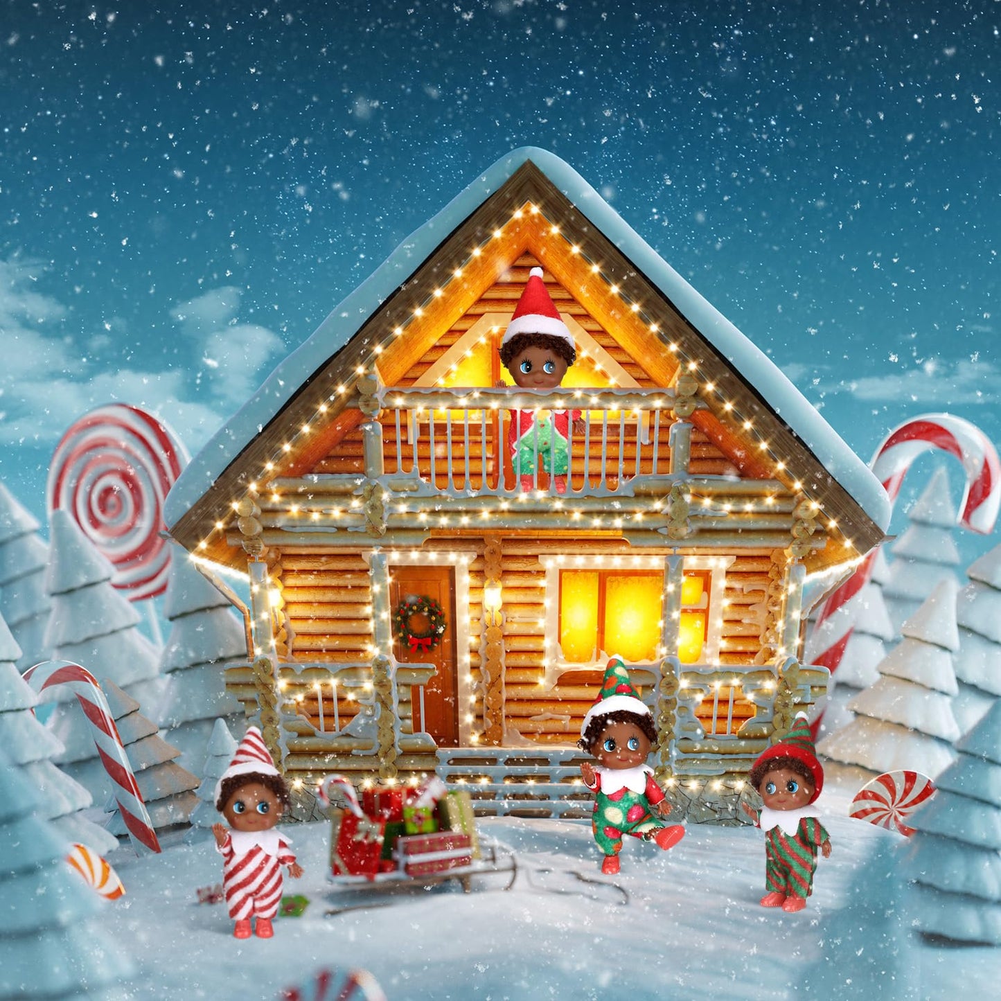 Threan Christmas Elf Twins Dolls - Ethnic Hispanic African American, Plastic, Tree Style, Festive Village Accessories