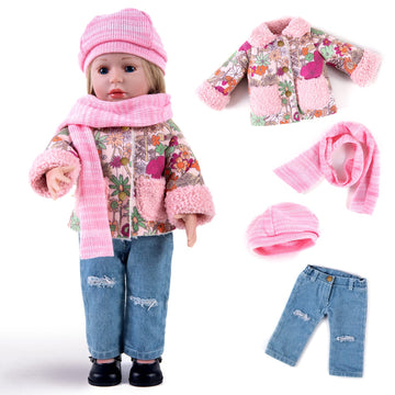 Rakki Dolli Doll Clothes 4 Piece Set Includes Pink Flower Snow Jacket, Knitted Wool Hat, Scarf And Hipster Jeans Fits For 18' American Girl Dolls (Doll And Shoes Not Included) 008
