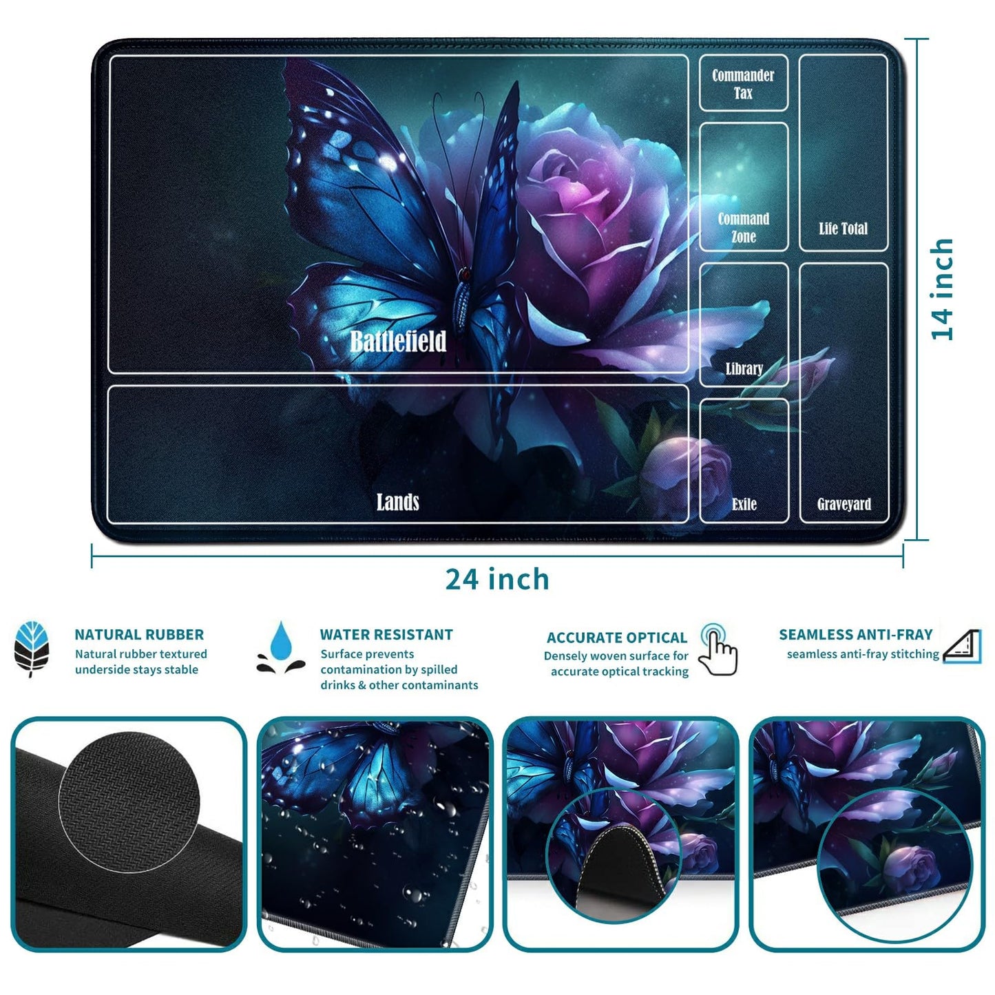 Rwutytiul Butterfly Flower Card Playmat 24 X 14 Inch With Tube Bag, Card Gameplay Playmat With Zones Commander Deck Board Mtg Rp