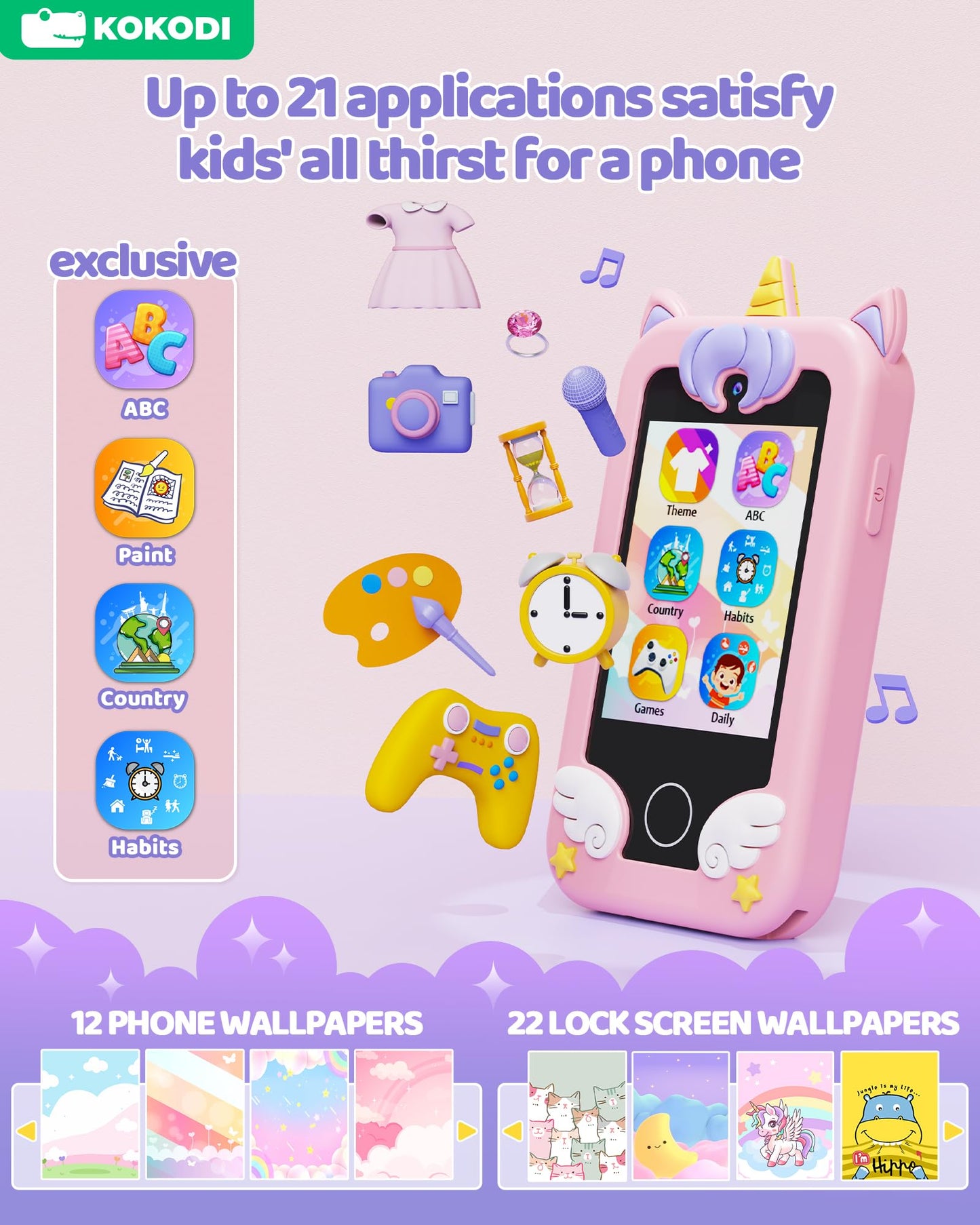 KOKODI Kids Smart Phone Toys, Birthday Gifts Unicorn Toddler Play Phone for Girls 3-10, Touchscreen HD Dual Camera Cell Phone fo