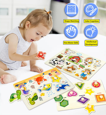Wooden Peg Puzzles For Toddlers,Montessori Toddler Puzzles For Child,Fine Motor Skill Learning Puzzles Toys For Baby Boys Girls Gifts-3 Pcs Shape,Farm,Sea Animal