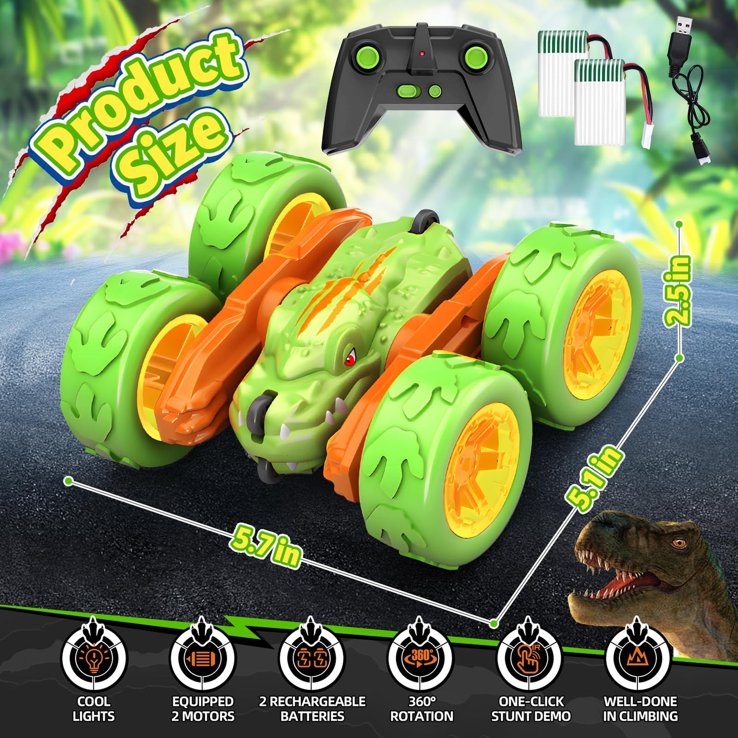 SpringFlower Remote Control Car Toy for Boys 3 4 5 6 7 8 Years Olds, Rechargeable Dinosaur RC Cars,360 Flip Double Sided RC Stun